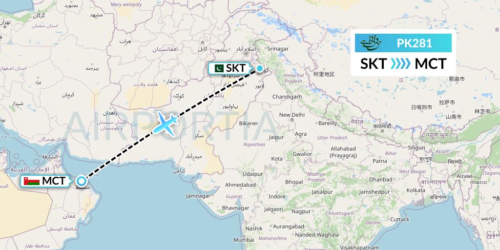 PK281 Pakistan International Airlines Flight Map: Sialkot to Muscat