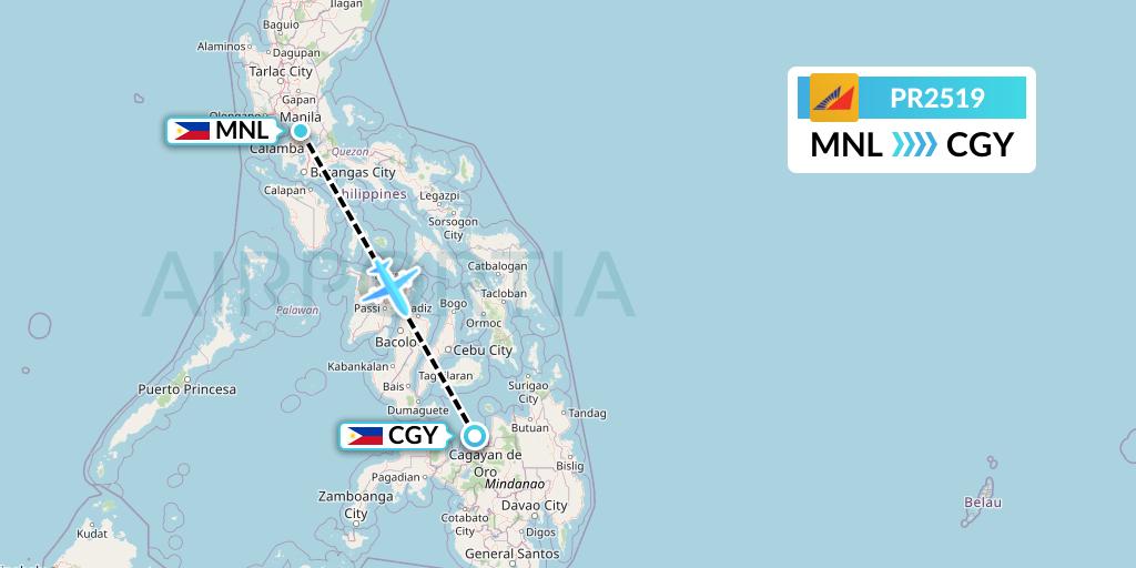 PR2519 Philippine Airlines Flight Map: Manila to Cagayan de Oro