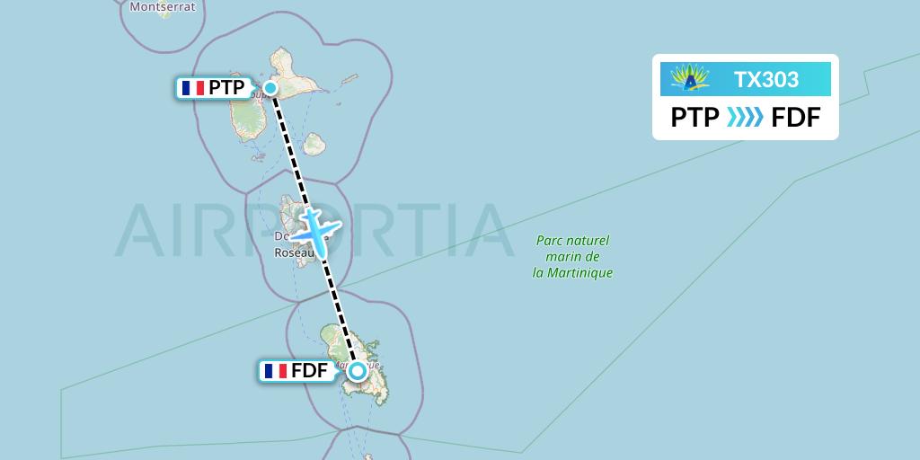 TX303 Air Caraibes Flight Map: Pointe-a-Pitre to Fort-de-France