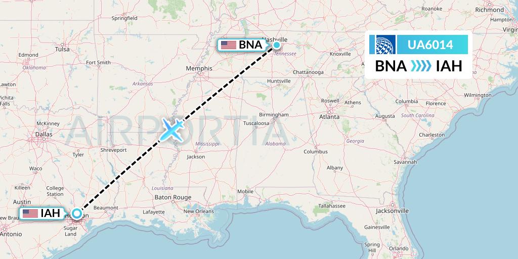 UA6014 United Airlines Flight Map: Nashville to Houston
