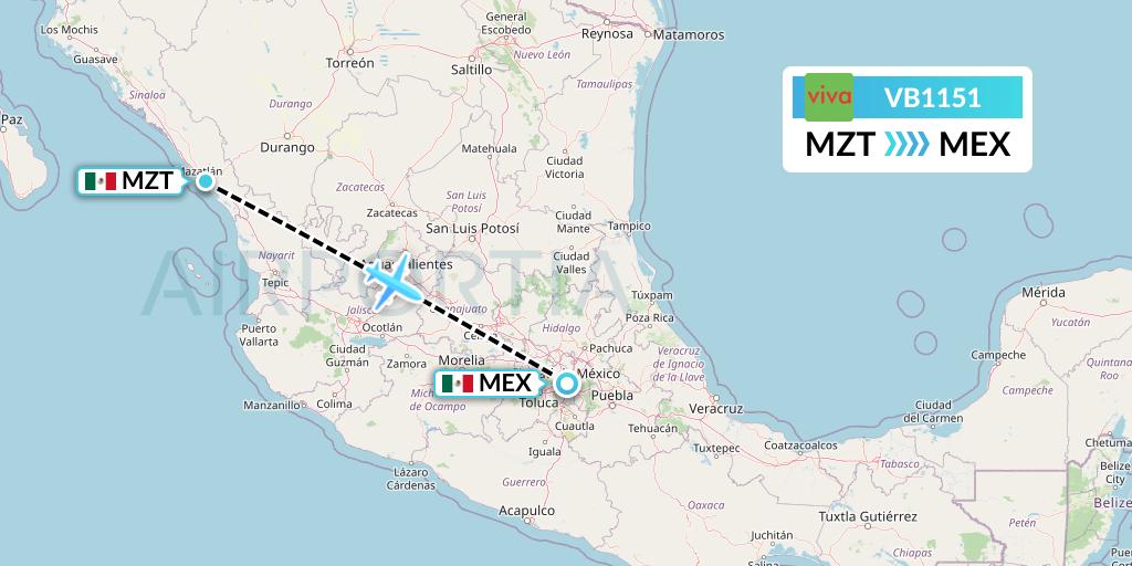 VB1151 VivaAerobus Flight Map: Mazatlan to Mexico City
