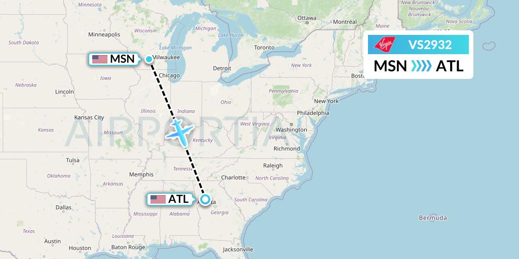 VS2932 Virgin Atlantic Airways Flight Map: Madison to Atlanta