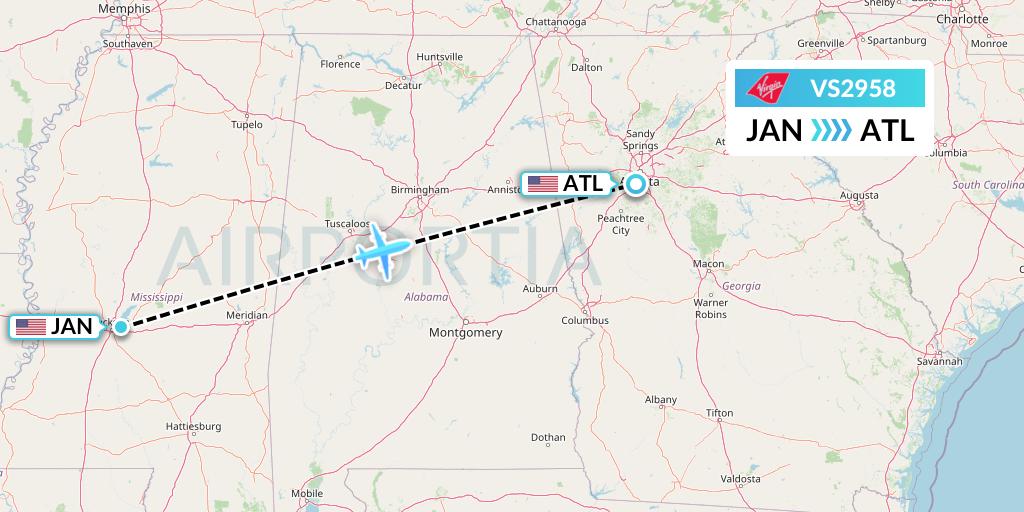 VS2958 Virgin Atlantic Airways Flight Map: Jackson to Atlanta