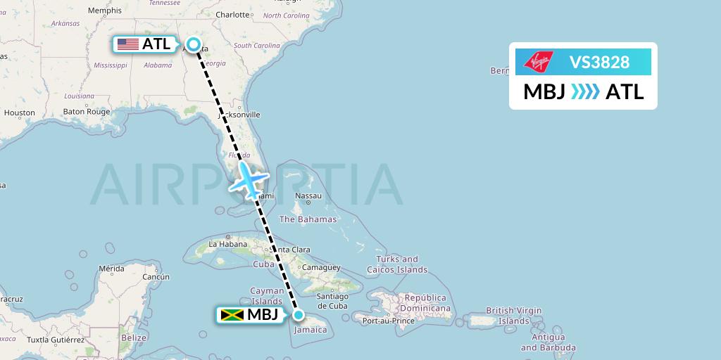 VS3828 Virgin Atlantic Airways Flight Map: Montego Bay to Atlanta