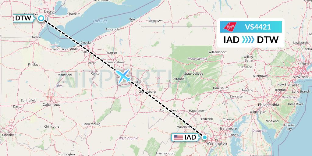 VS4421 Virgin Atlantic Airways Flight Map: Washington to Detroit