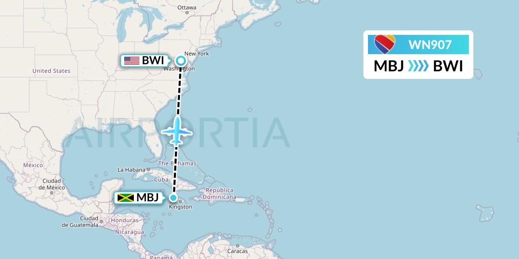 WN907 Southwest Airlines Flight Map: Montego Bay to Baltimore