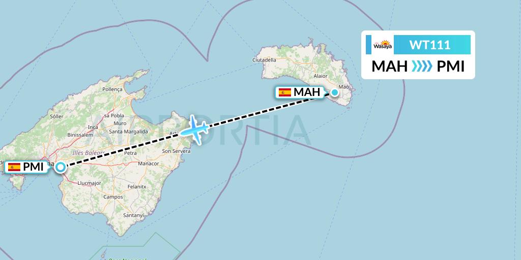 WT111 Swiftair Flight Map: Mahon to Palma de Mallorca
