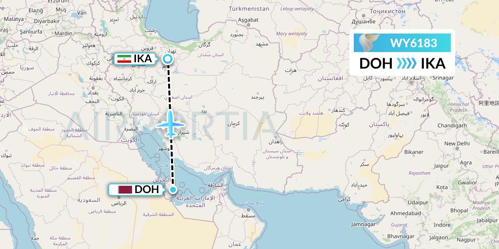 WY6183 Oman Air Flight Map: Doha to Tehran