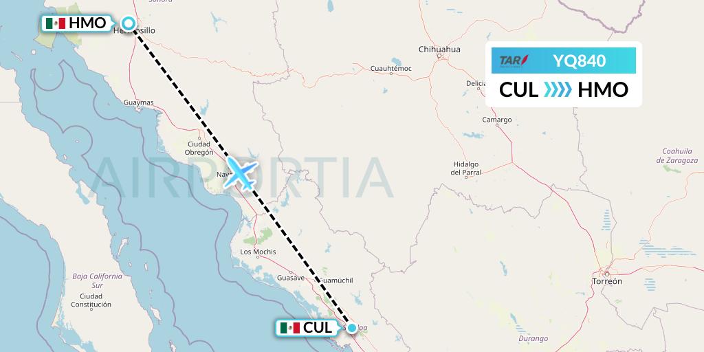 YQ840 TAR Aerolineas Flight Map: Culiacan to Hermosillo