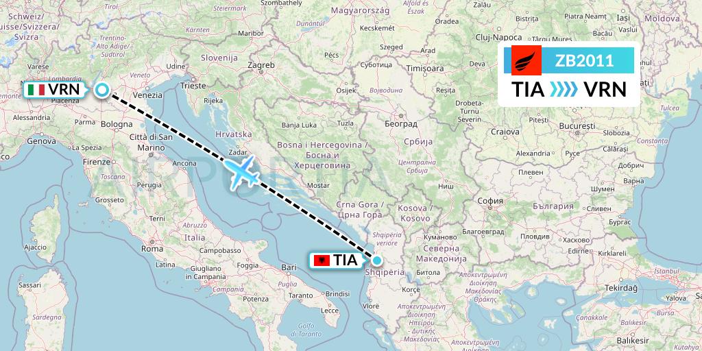 ZB2011 Air Albania Flight Map: Tirana to Verona