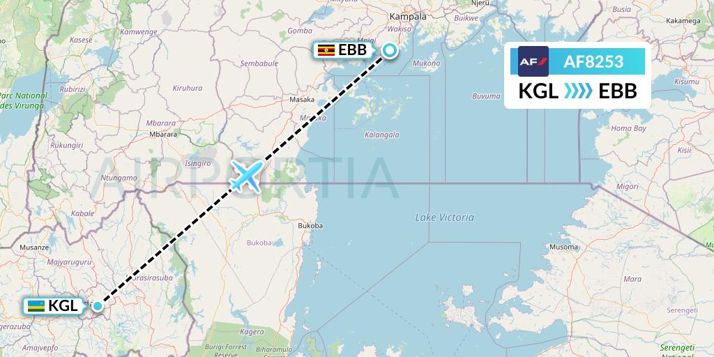 AF8253 Air France Flight Map: Kigali to Entebbe