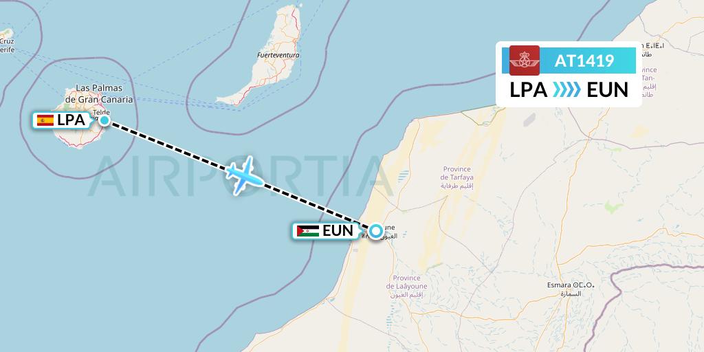 AT1419 Royal Air Maroc Flight Map: Las Palmas to El Aaiun