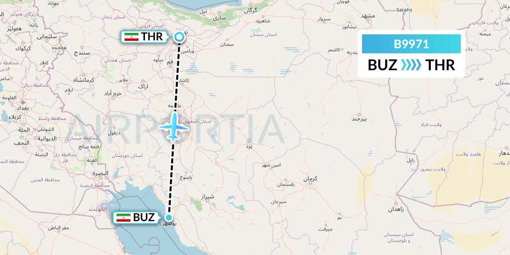 B9971 Iran Air Tours Flight Map: Bushehr to Tehran