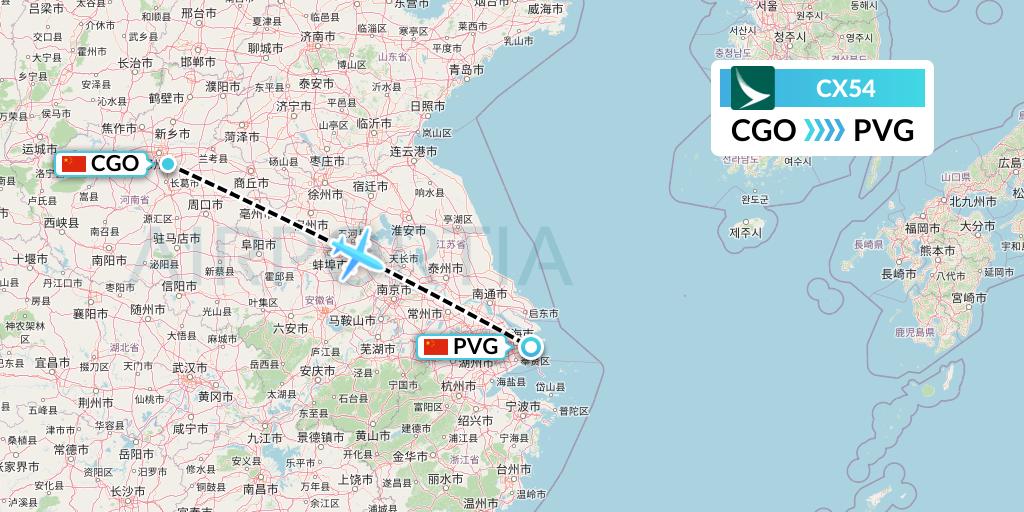 CX54 Cathay Pacific Flight Map: Zhengzhou to Shanghai