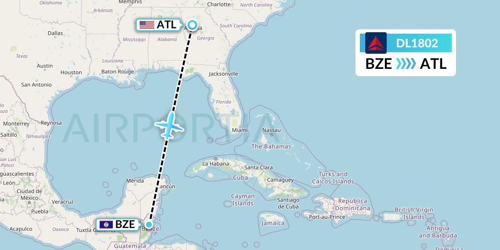DL1802 Delta Air Lines Flight Map: Belize City to Atlanta