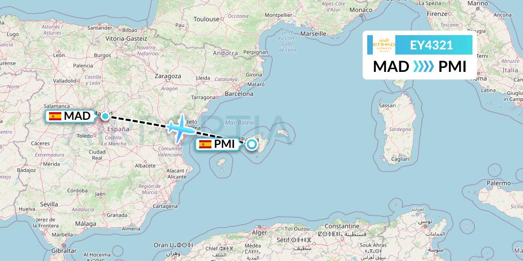 EY4321 Etihad Airways Flight Map: Madrid to Palma de Mallorca