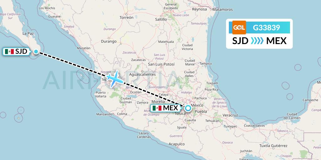 G33839 GOL Transportes Aeros Flight Map: San Jose del Cabo to Mexico City