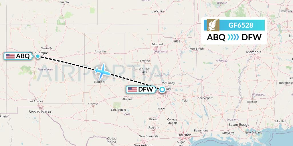 GF6528 Gulf Air Flight Map: Albuquerque to Dallas