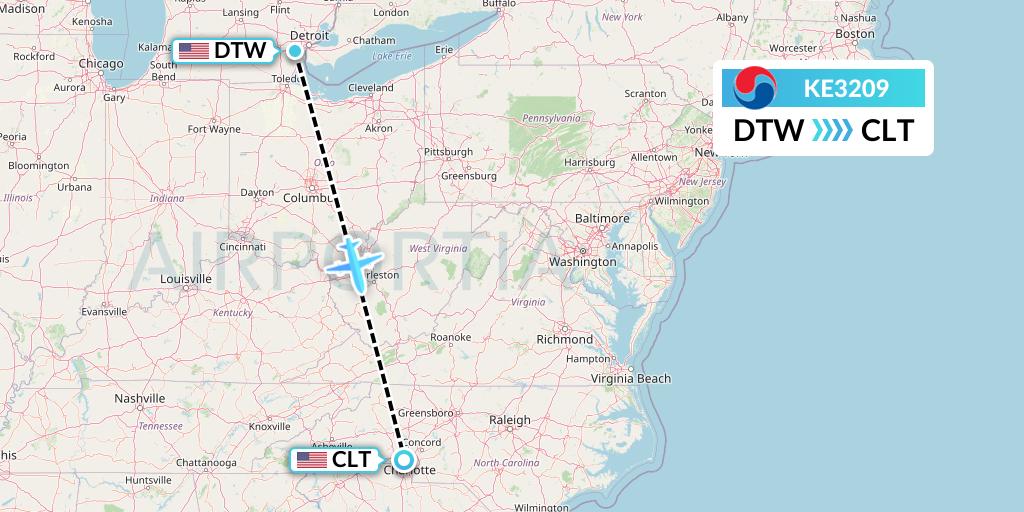 KE3209 Korean Air Flight Map: Detroit to Charlotte