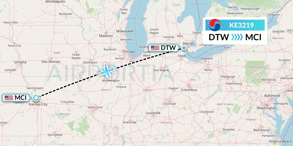 KE3219 Korean Air Flight Map: Detroit to Kansas City