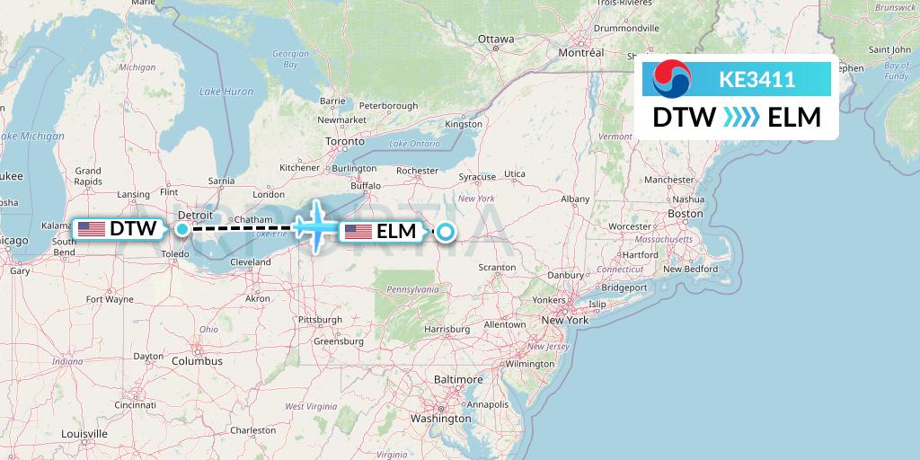 KE3411 Korean Air Flight Map: Detroit to Elmira