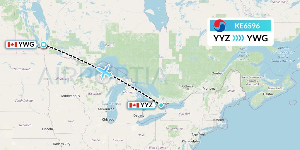KE6596 Korean Air Flight Map: Toronto to Winnipeg