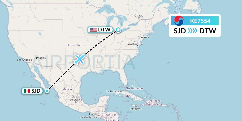 KE7554 Korean Air Flight Map: San Jose del Cabo to Detroit