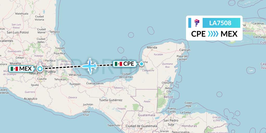 LA7508 LAN Airlines Flight Map: Campeche to Mexico City
