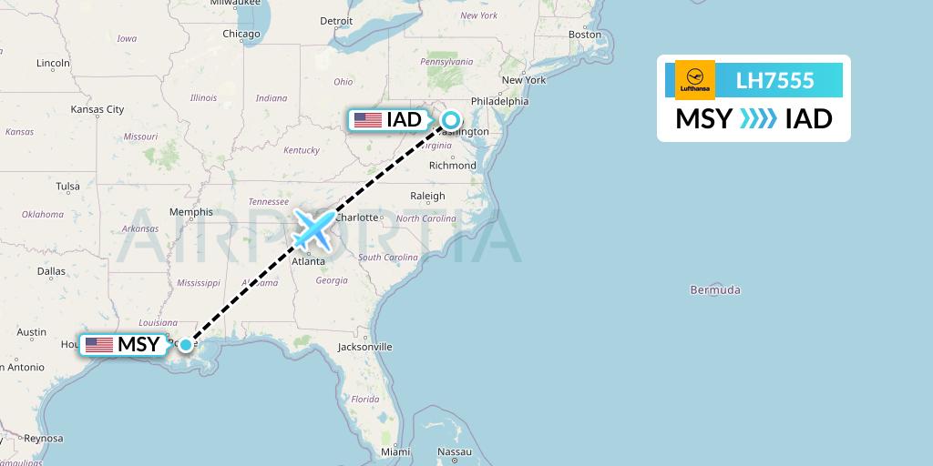 LH7555 Lufthansa Flight Map: New Orleans to Washington