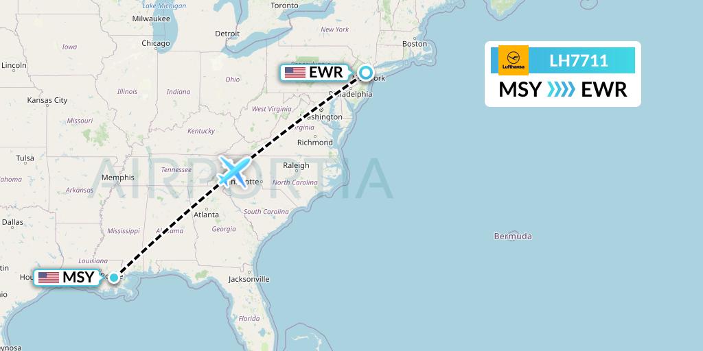 LH7711 Lufthansa Flight Map: New Orleans to New York