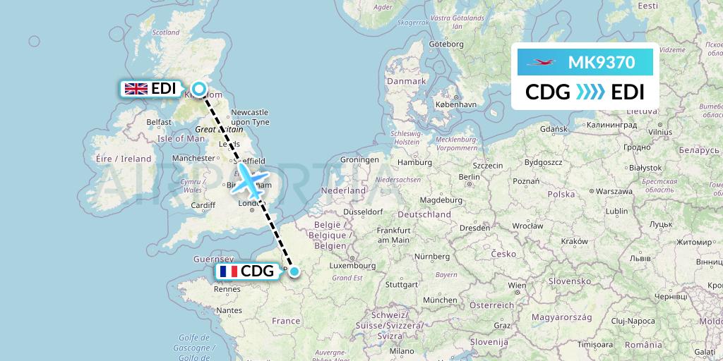 MK9370 Air Mauritius Flight Map: Paris to Edinburgh