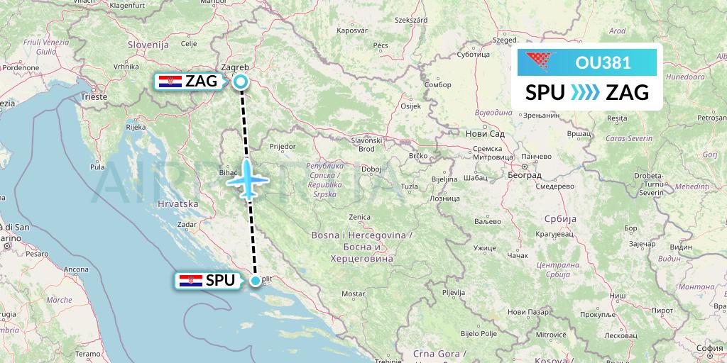 OU381 Croatia Airlines Flight Map: Split to Zagreb