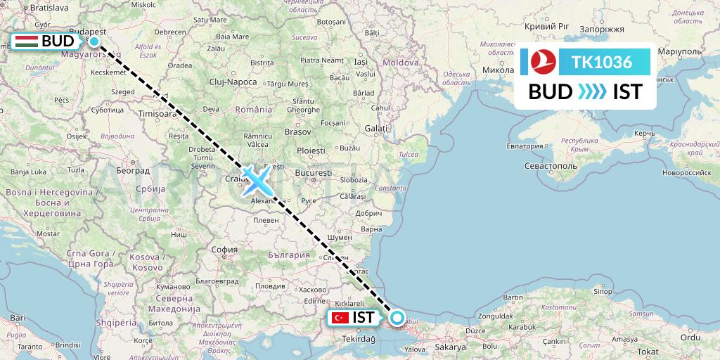 TK1036 Turkish Airlines Flight Map: Budapest to Istanbul