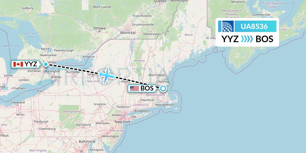 UA8536 United Airlines Flight Map: Toronto to Boston