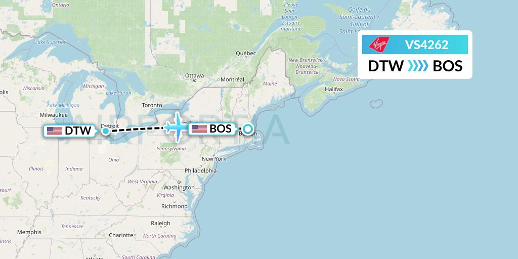 VS4262 Virgin Atlantic Airways Flight Map: Detroit to Boston
