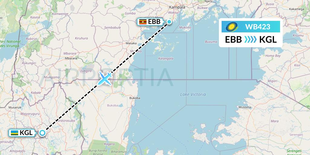 WB423 RwandAir Flight Map: Entebbe to Kigali