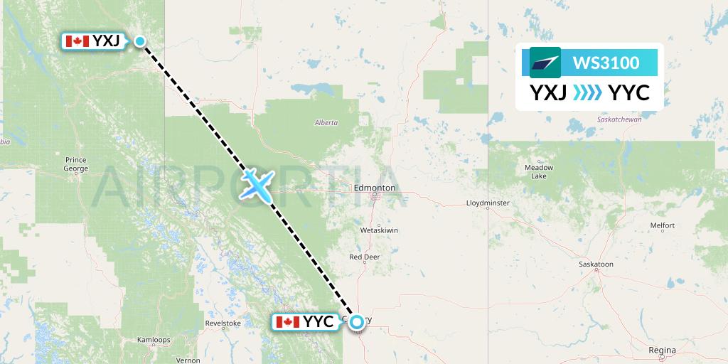 WS3100 WestJet Flight Map: Fort St. John to Calgary
