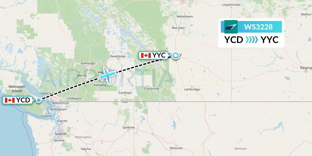 WS3228 WestJet Flight Map: Nanaimo to Calgary