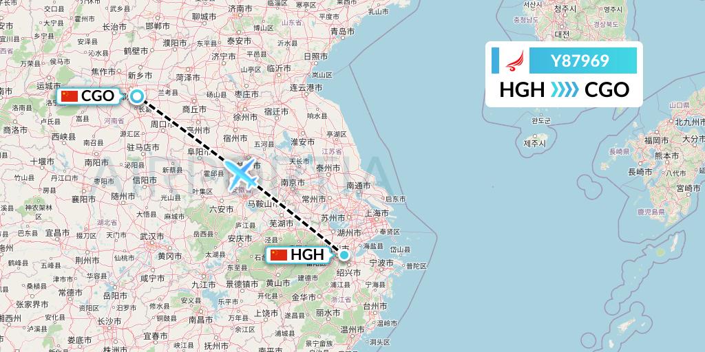 Y87969 Yangtze River Express Flight Map: Hangzhou to Zhengzhou