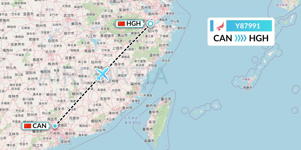 Y87991 Yangtze River Express Flight Map: Guangzhou to Hangzhou