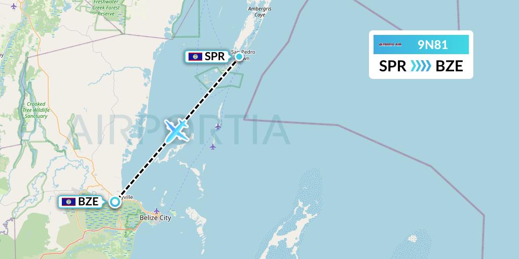 9N81 Tropic Air Flight Map: San Pedro to Belize City