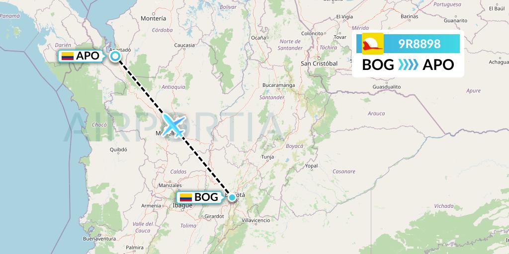 9R8898 Satena Flight Map: Bogota to Apartado