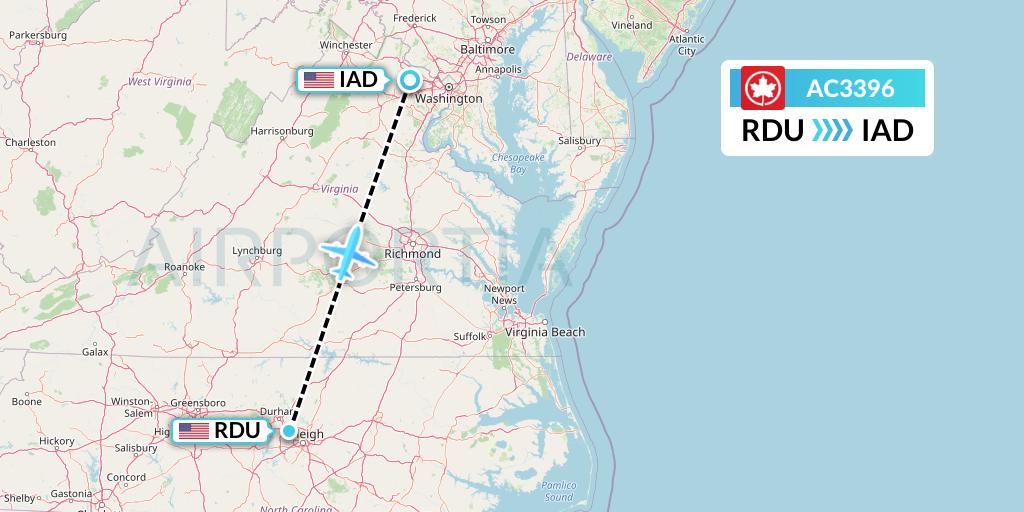AC3396 Air Canada Flight Map: Raleigh-Durham to Washington