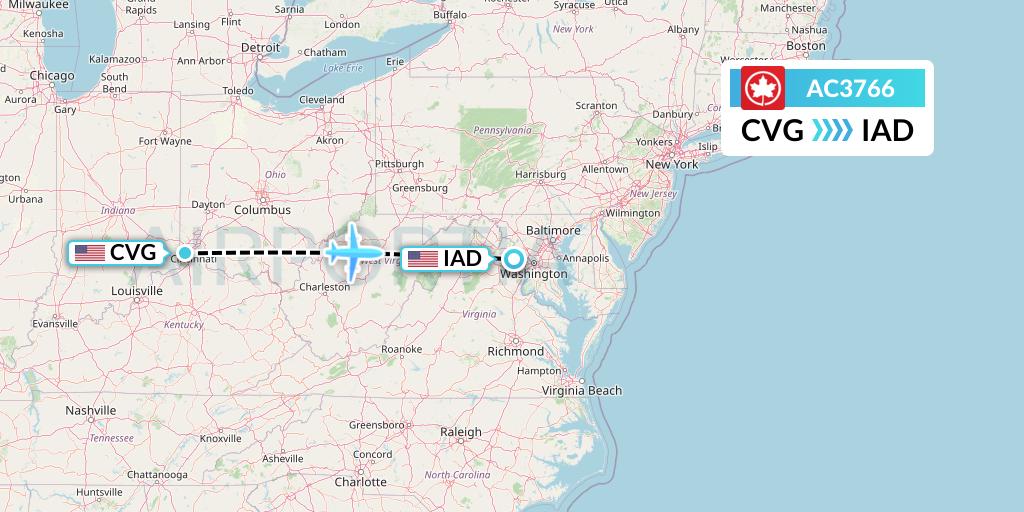 AC3766 Air Canada Flight Map: Cincinnati to Washington