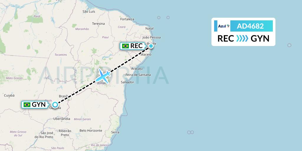 AD4682 Azul Brazilian Airlines Flight Map: Recife to Goiania