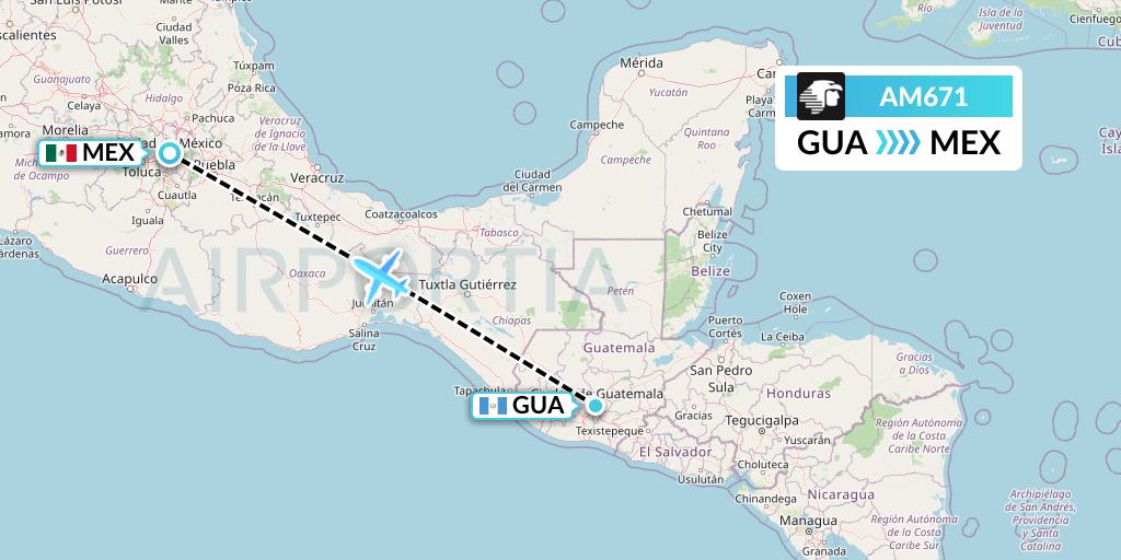 AM671 Aeromexico Flight Map: Guatemala City to Mexico City