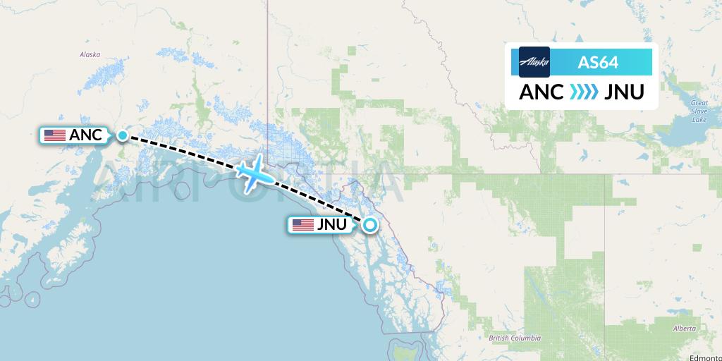 AS64 Alaska Airlines Flight Map: Anchorage to Juneau