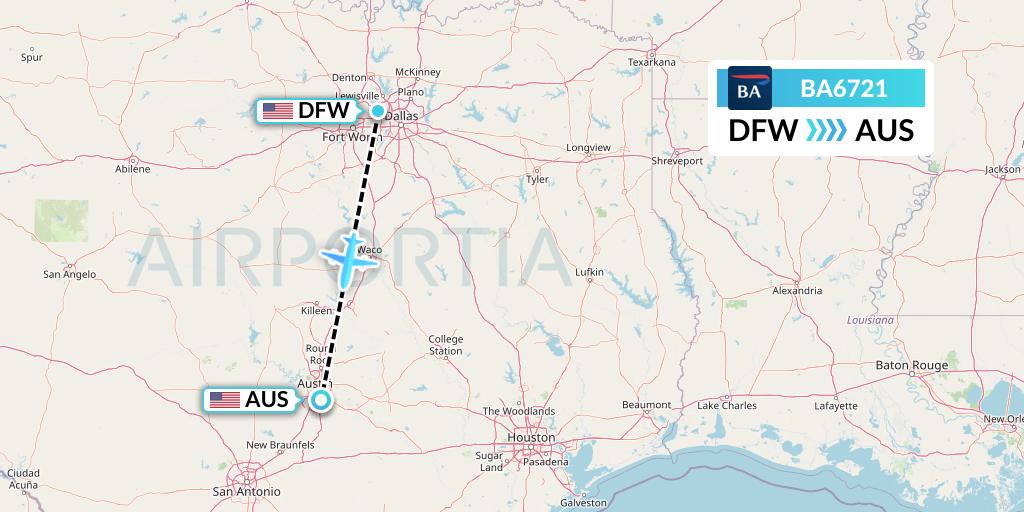 BA6721 British Airways Flight Map: Dallas to Austin