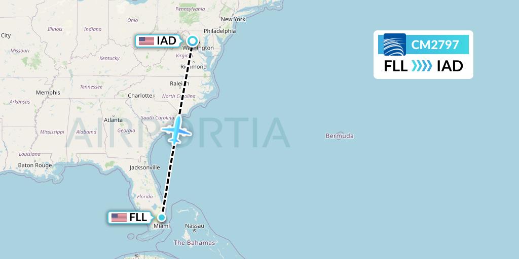 CM2797 Copa Airlines Flight Map: Fort Lauderdale to Washington