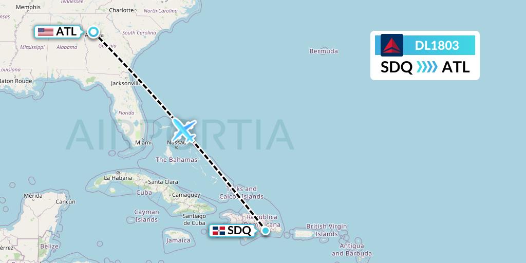 DL1803 Delta Air Lines Flight Map: Santo Domingo to Atlanta